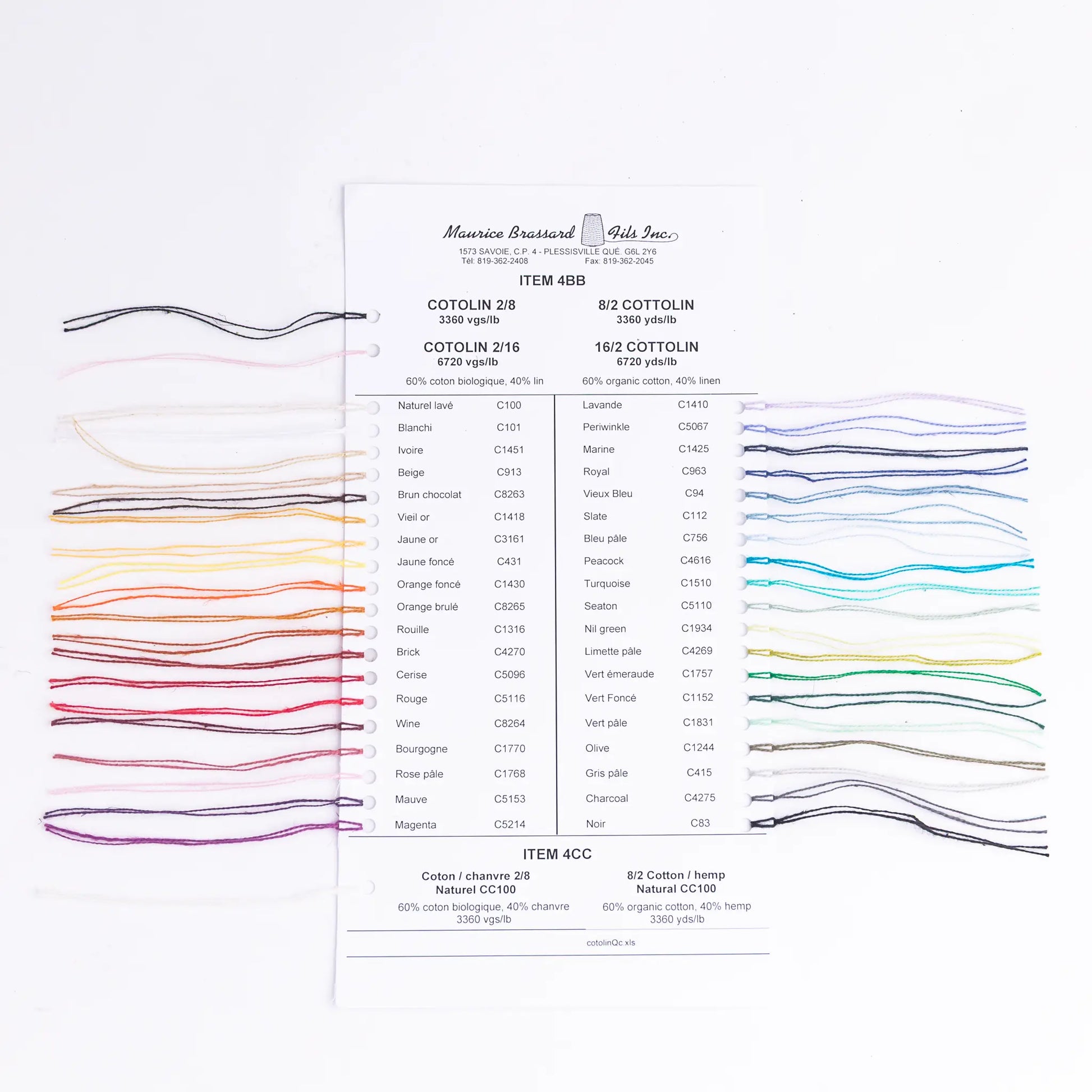 Farbkarte Maurice Brassard Cotolin Cottolin mit 38 Original-Garnfarben aus Bio-Baumwolle und Leinen, sortiert nach Farbtönen auf weißem Hintergrund.